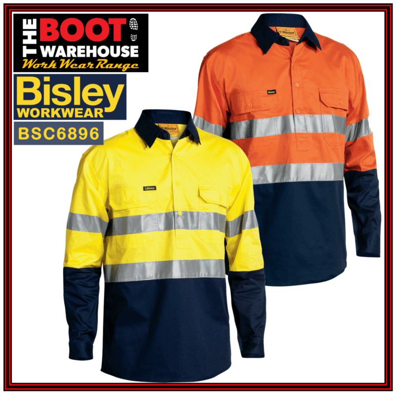 Bisley BSC6896 Hi-Vis Double Taped CLOSED FRONT Cotton Drill Shirt Long Sleeve