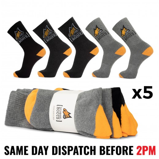 Mongrel Work Boot Socks. Cotton Comfort. 5 PACK. Light Grey Dark Grey Black