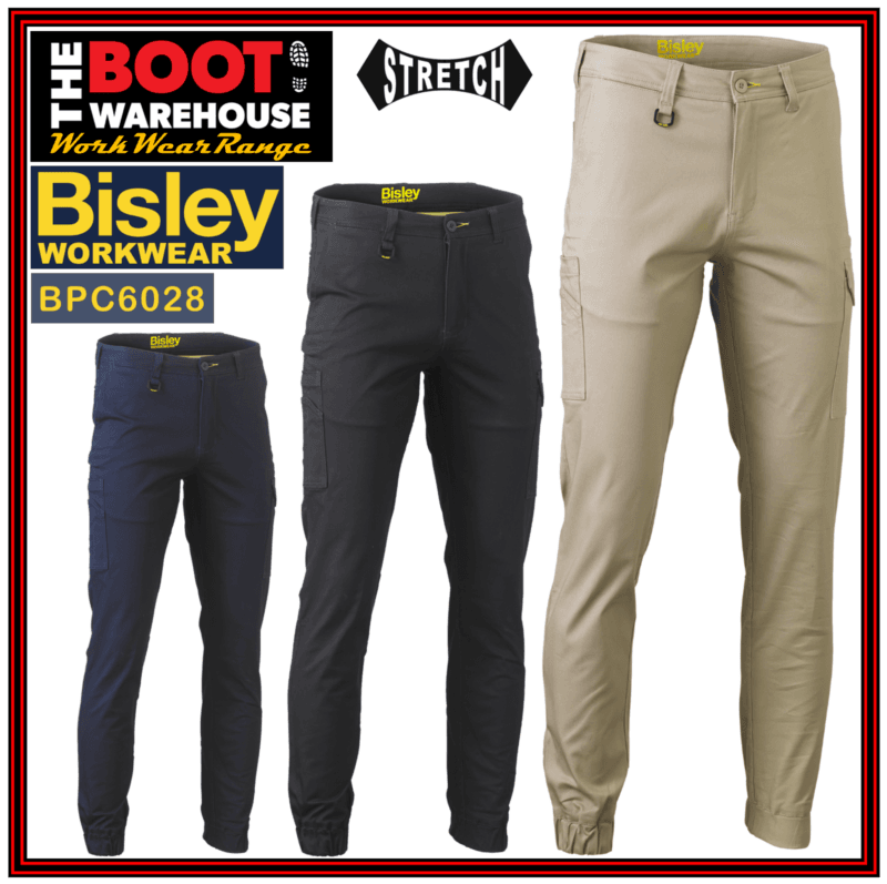 Bisley BPC6028 Mens Workwear Stretch Cotton Drill Cargo Elastic Cuffed Pants