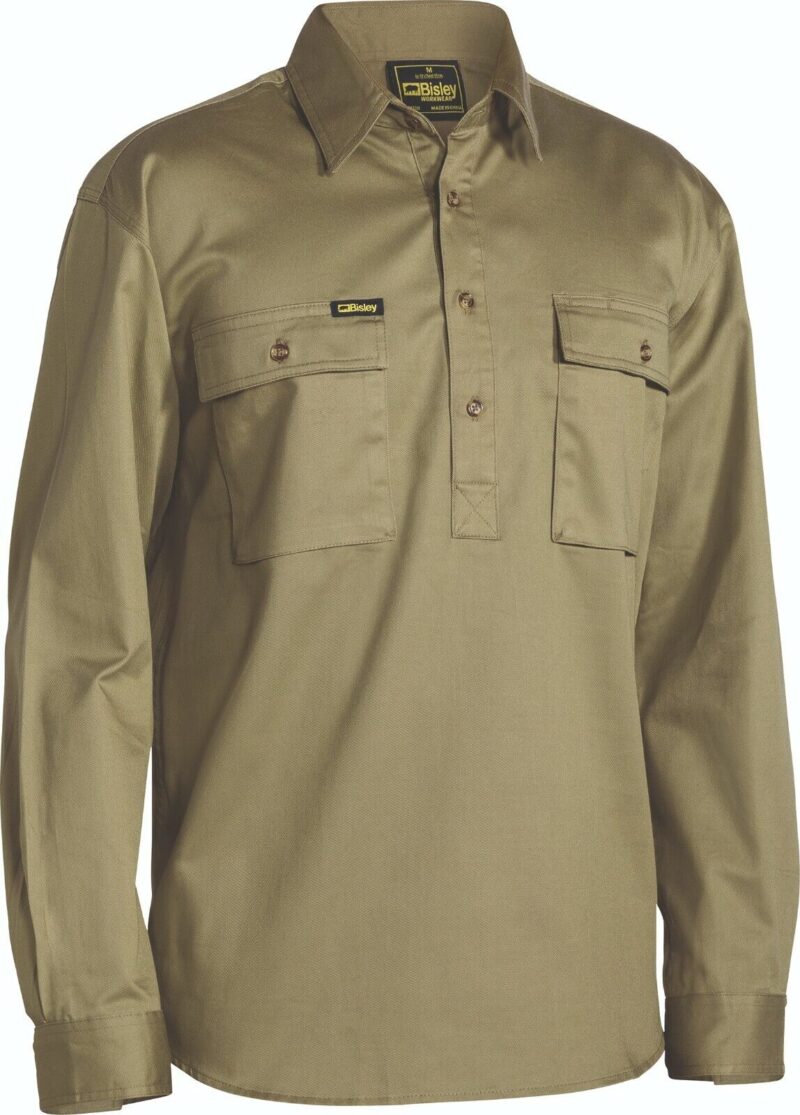 BISLEY Mens Long Sleeve Work Shirt BSC6433 Cotton Drill. Closed Front. Big Sizes