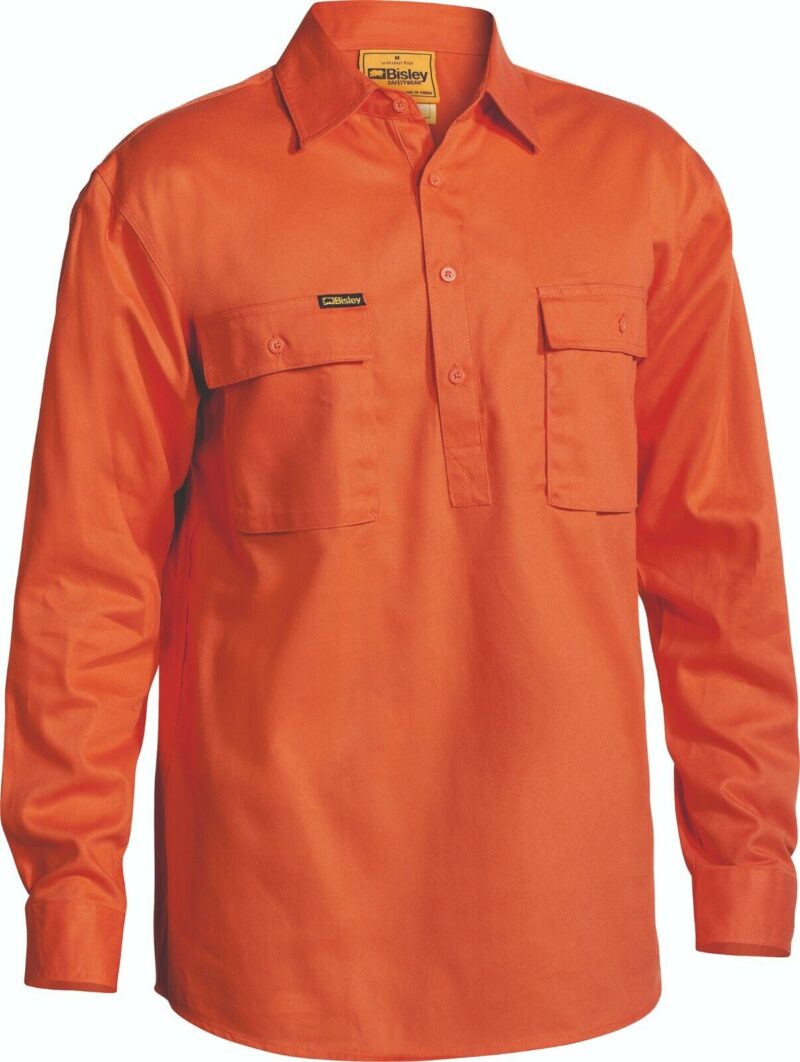 BISLEY Mens Long Sleeve Work Shirt BSC6433 Cotton Drill. Closed Front. Big Sizes