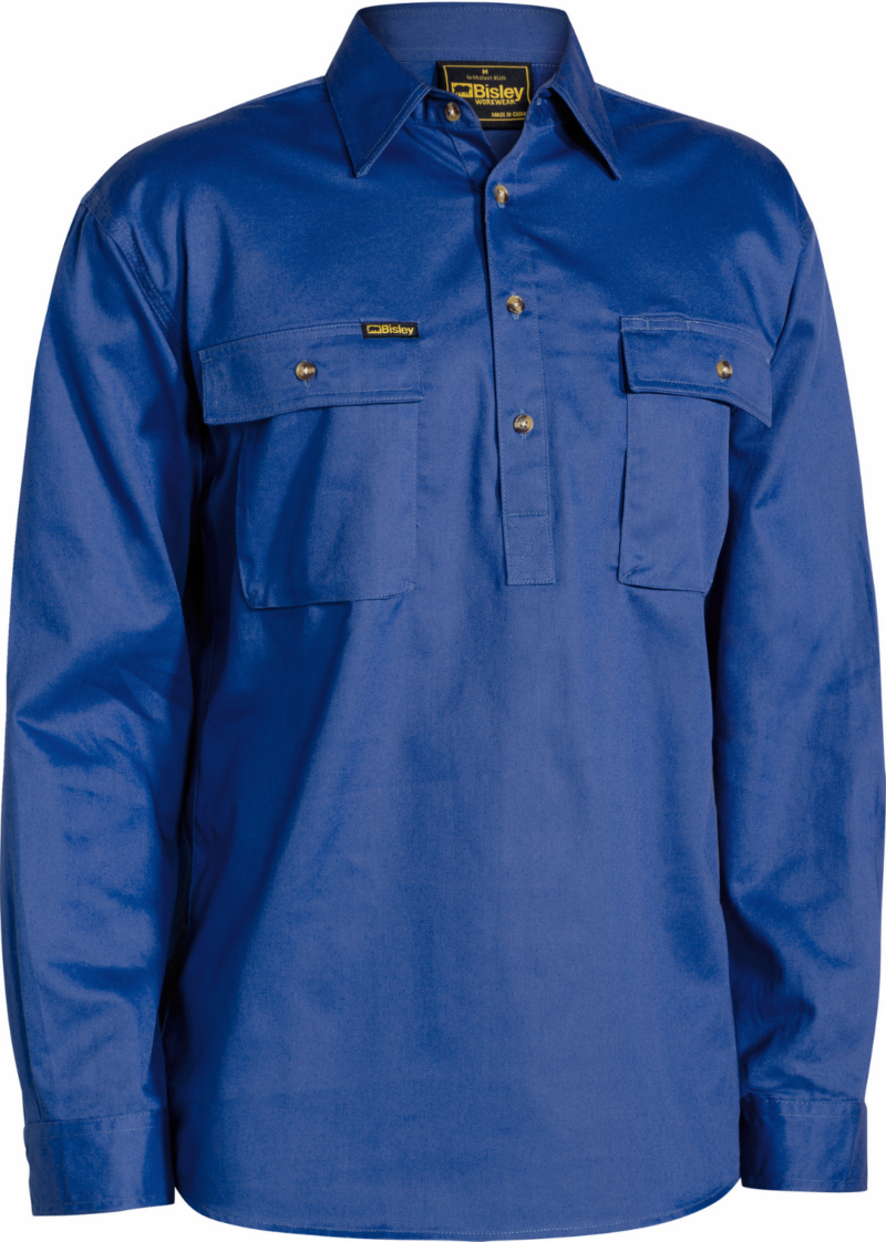 BISLEY Mens Long Sleeve Work Shirt BSC6433 Cotton Drill. Closed Front. Big Sizes