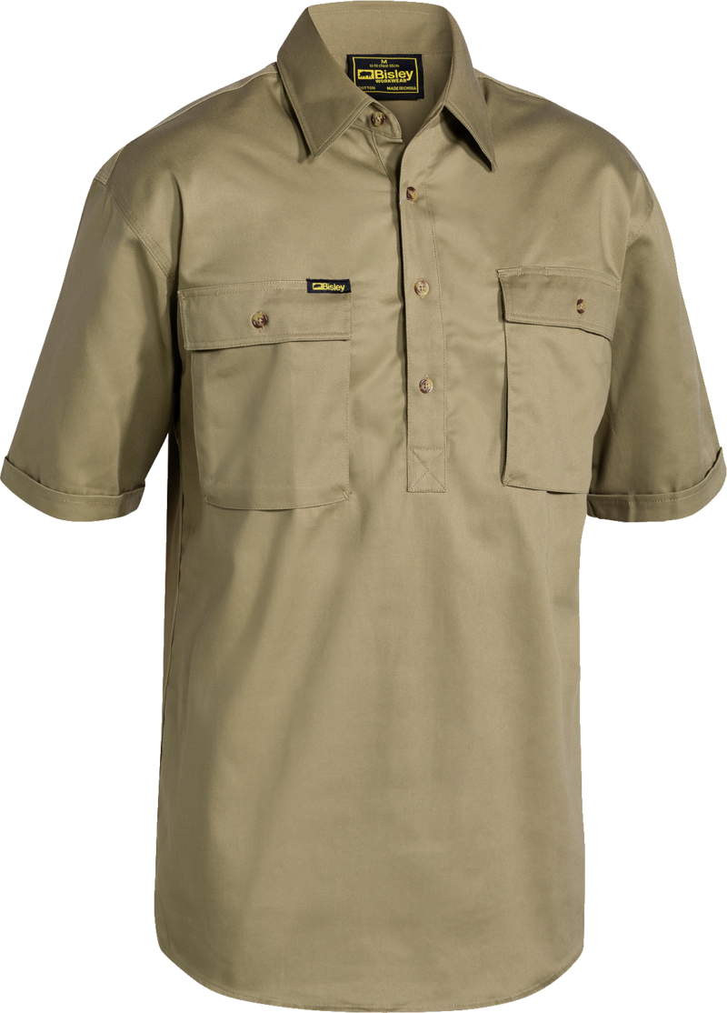 BISLEY Mens Short Sleeve Work Shirt BSC1433 Cotton Drill Closed Front. Big Sizes