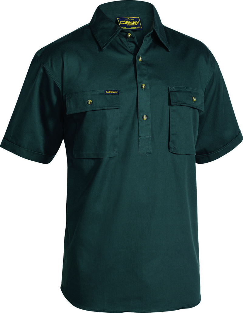 BISLEY Mens Short Sleeve Work Shirt BSC1433 Cotton Drill Closed Front. Big Sizes