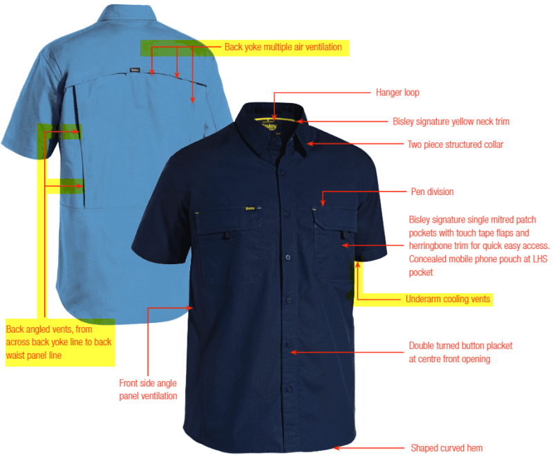 Bisley BS1414 Mens Work Shirt Ripstop Cotton X Airflow Ventilation Short Sleeve