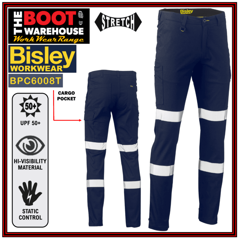 Bisley BPC6008T Mens Hi-Vis Taped Biomotion Stretch Cotton Drill Cargo Pants