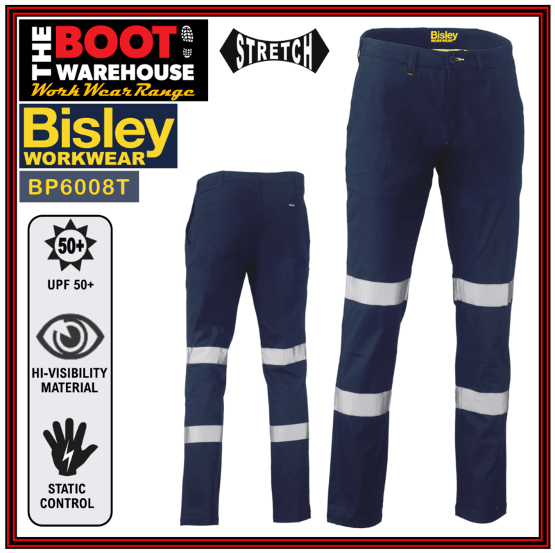 Bisley BP6008T Mens Workwear Taped Biomotion Stretch Cotton Drill Work Pants