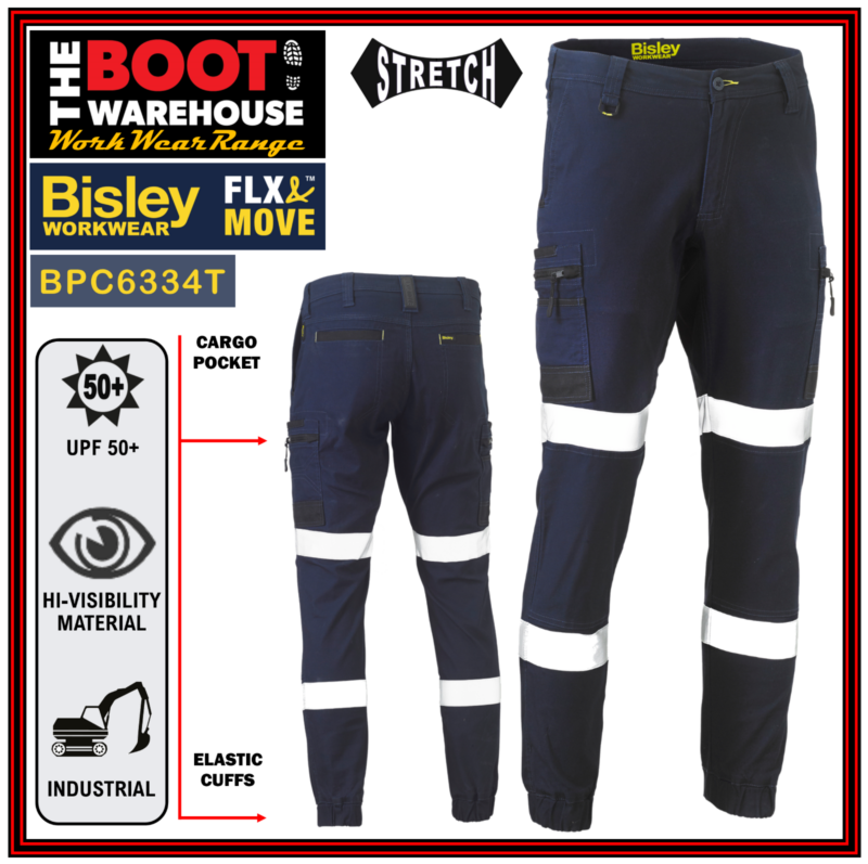 Bisley BPC6334T Workwear FLEX &MOVE Hi-Vis Taped Stretch Cargo Cuffed Work Pants