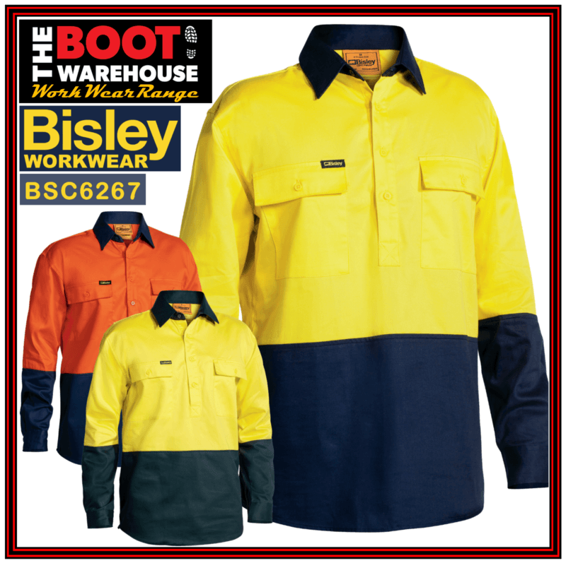 Bisley BSC6267 Men's Workwear Hi-Vis CLOSED FRONT Cotton Drill Shirt Long Sleeve