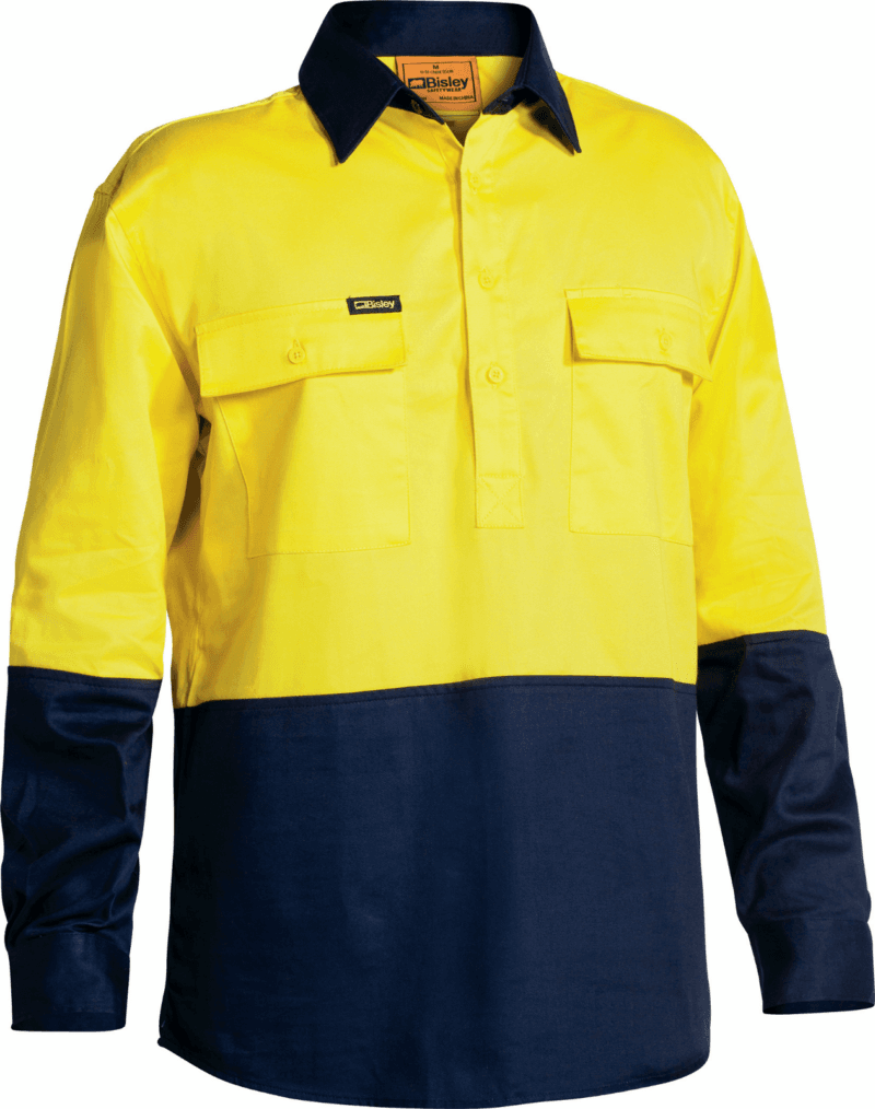 Bisley BSC6267 Men's Workwear Hi-Vis CLOSED FRONT Cotton Drill Shirt Long Sleeve