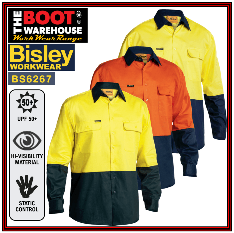 Bisley BS6267 Work Shirt 2 Tone 'HI VIS' Long Sleeve 100% Cotton Drill UPF 50+