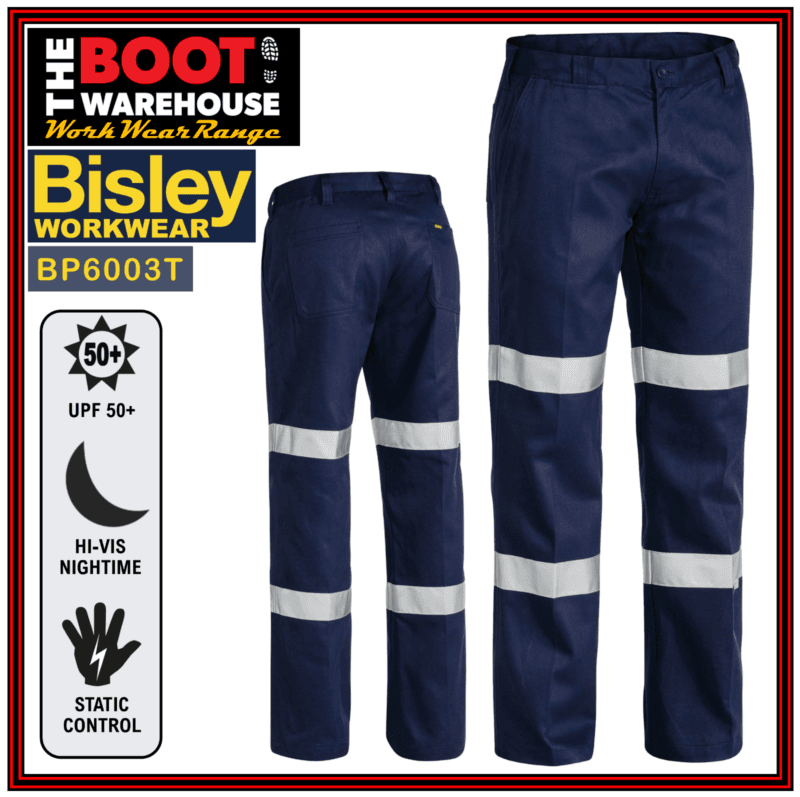 Bisley BP6003T Men's 3M Double Taped Cotton Drill Pants Front Pleat Double Hoop