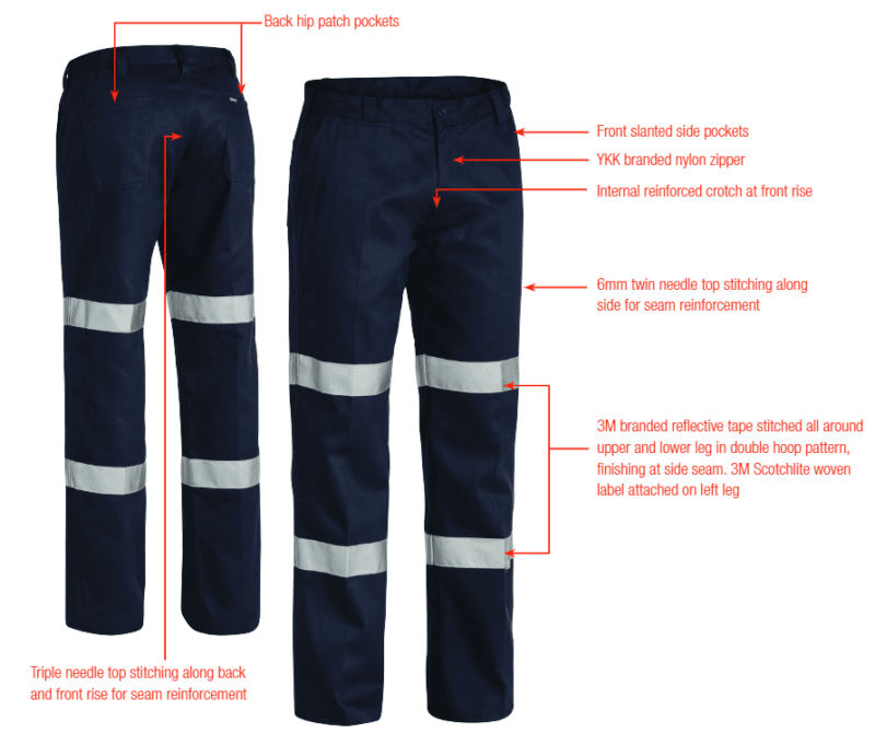 Bisley BP6003T Men's 3M Double Taped Cotton Drill Pants Front Pleat Double Hoop