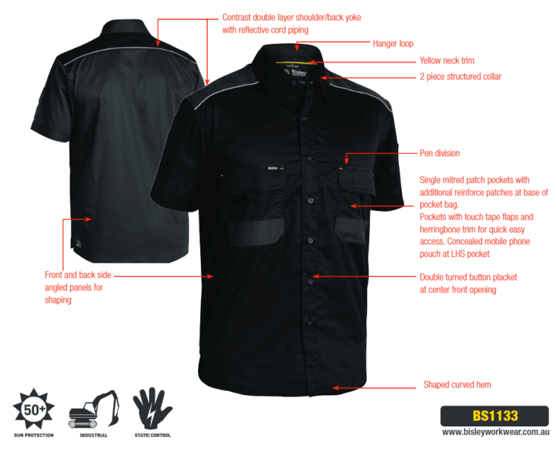 Bisley BS1133 FLEX & MOVE™ - MECHANICAL STRETCH Short Sleeve Work Shirt - NEW!